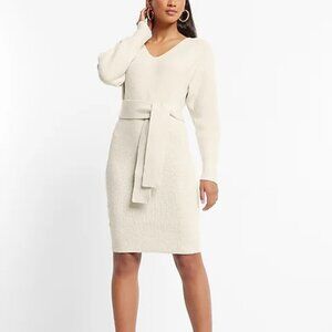 Express Cream Sweater Dress NWT | V-Neck Front & Back | Tie Waist | Size S